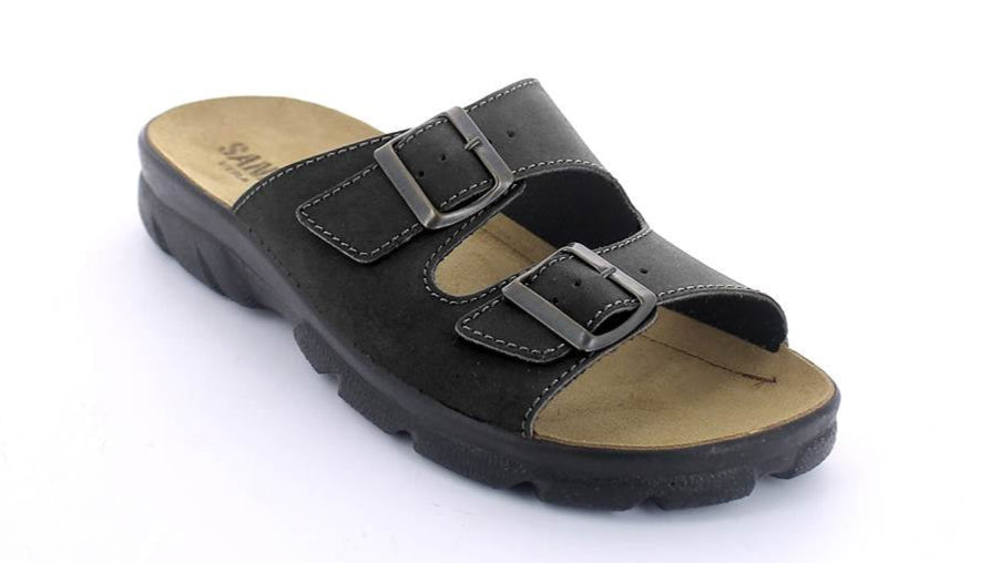 Black sandal with double buckle on a white background