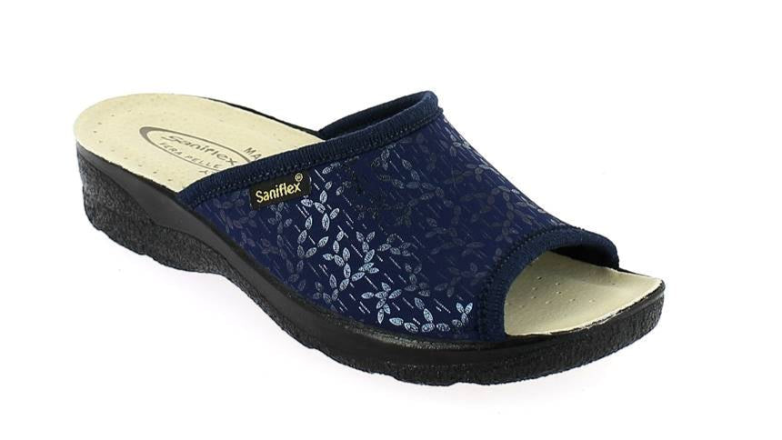 Navy blue sandal with open toe on a white background