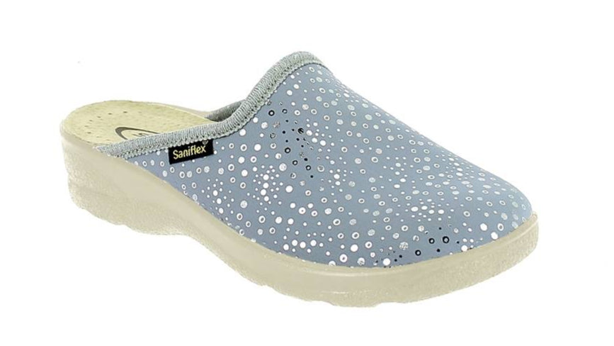 Blue clog shoe with white speckles on a white background