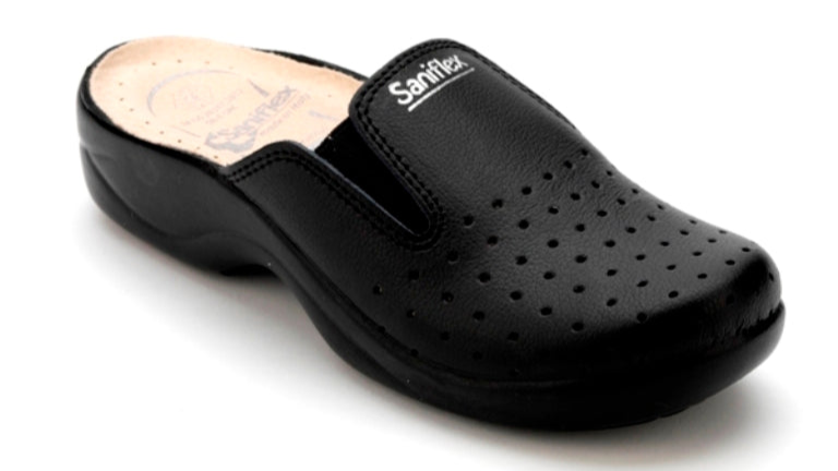 Black clog shoe with 'Saniflex' branding on a white background