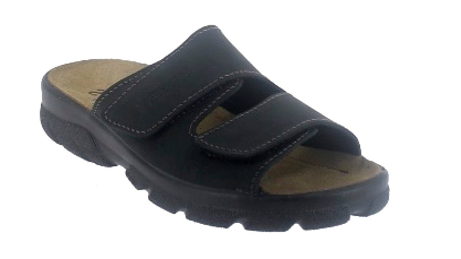 Black sandal with a strap on a white background