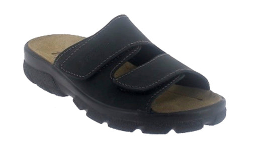 Black sandal with a strap on a white background