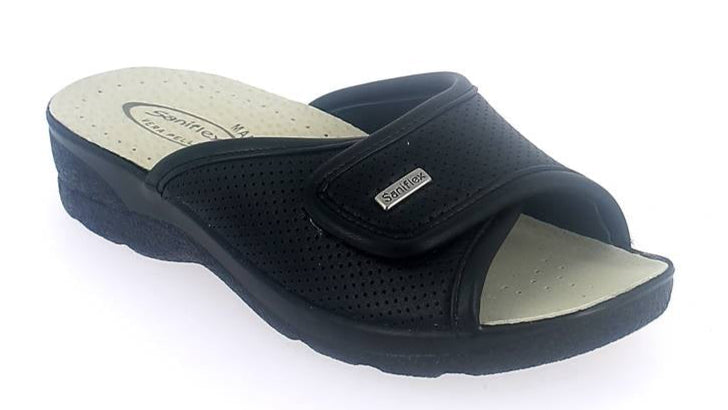 Black sandal with a white sole on a white background