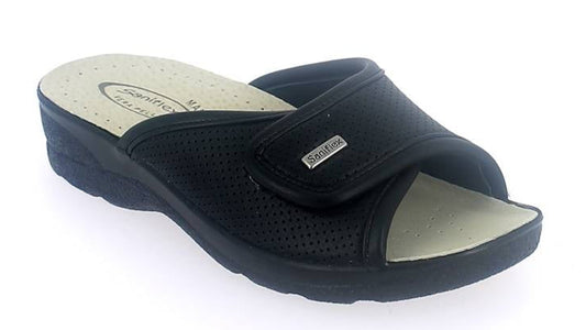 Black sandal with a white sole on a white background