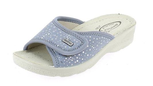 Blue sandal with glittery pattern on a white background