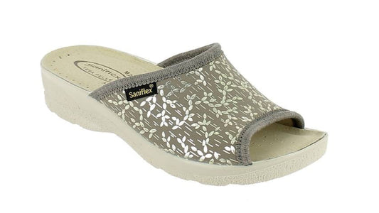 Gray sandal with floral pattern on a white background