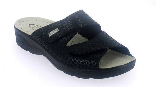 Black sandal with a textured strap on a white background