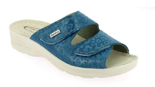 Blue sandal with a white sole on a white background