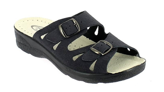 Black sandal with two buckles on a white background