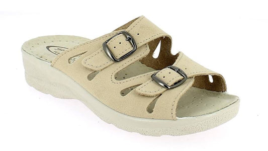 Beige sandal with two buckles on a white background