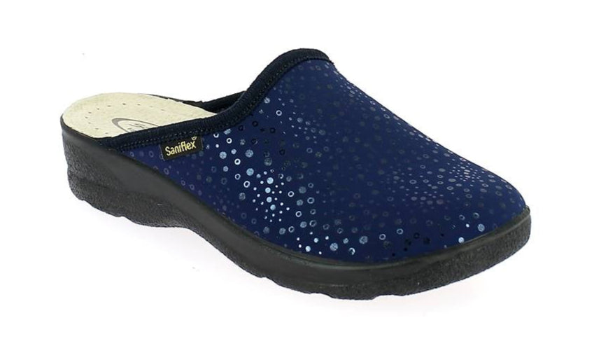 Blue clog shoe with black sole on a white background