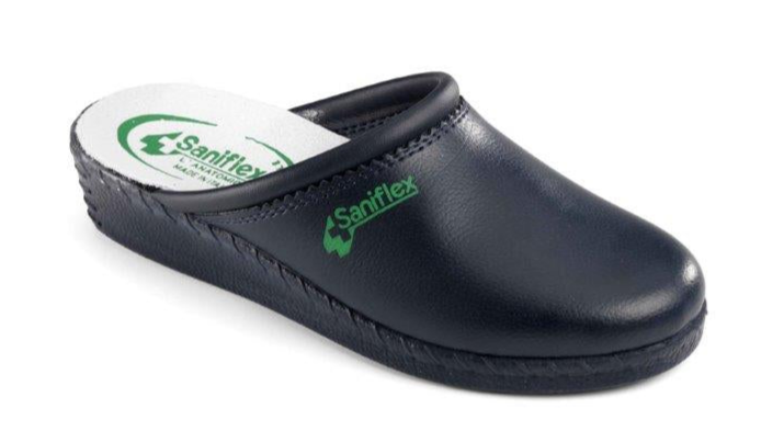 Black clog shoe with 'Saniflex' branding on a white background